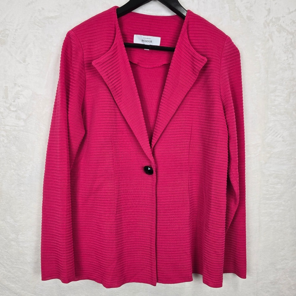 Misook Womens Ribbed Knit Blazer Fuchsia Pink Jewel Button‎ Jacket Medium